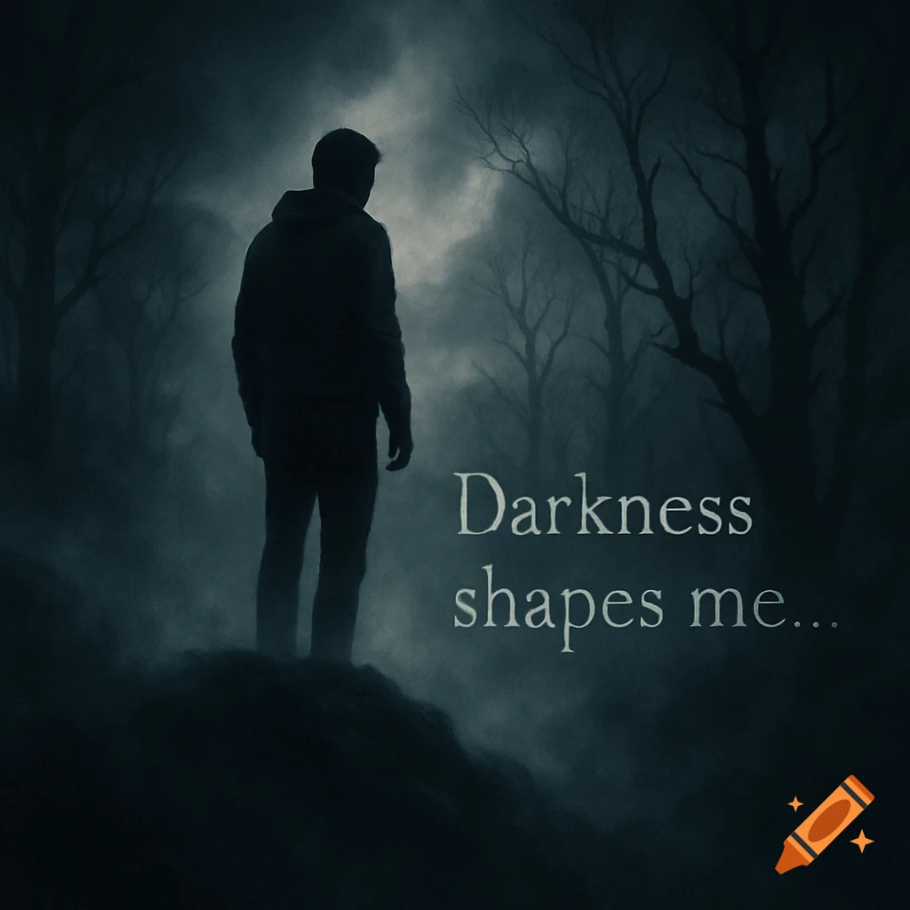 A silhouetted man in a hoodie stands on a misty hill in a dark, foggy forest. Text reads 'Darkness shapes me...'.