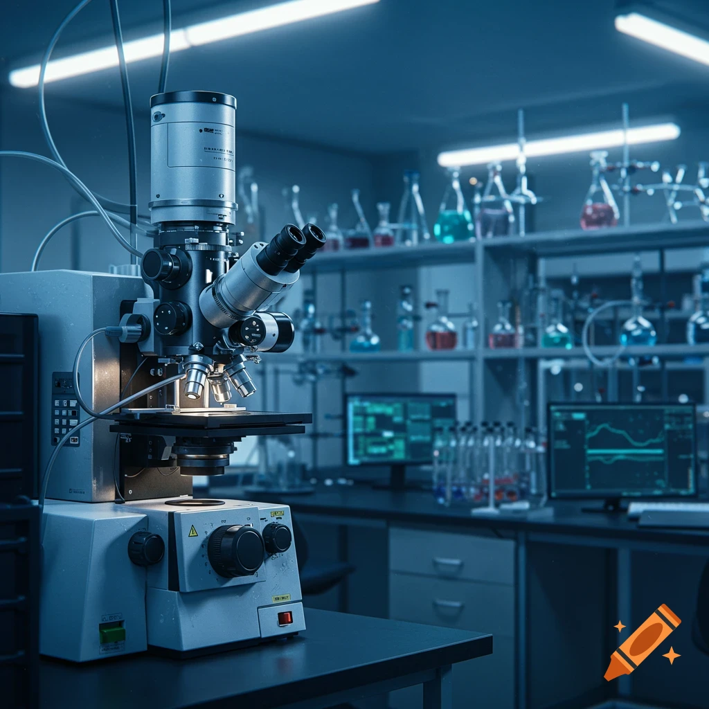 A detailed transmission electron microscope sits on a lab bench in a blue-lit chemistry laboratory with beakers and monitors.