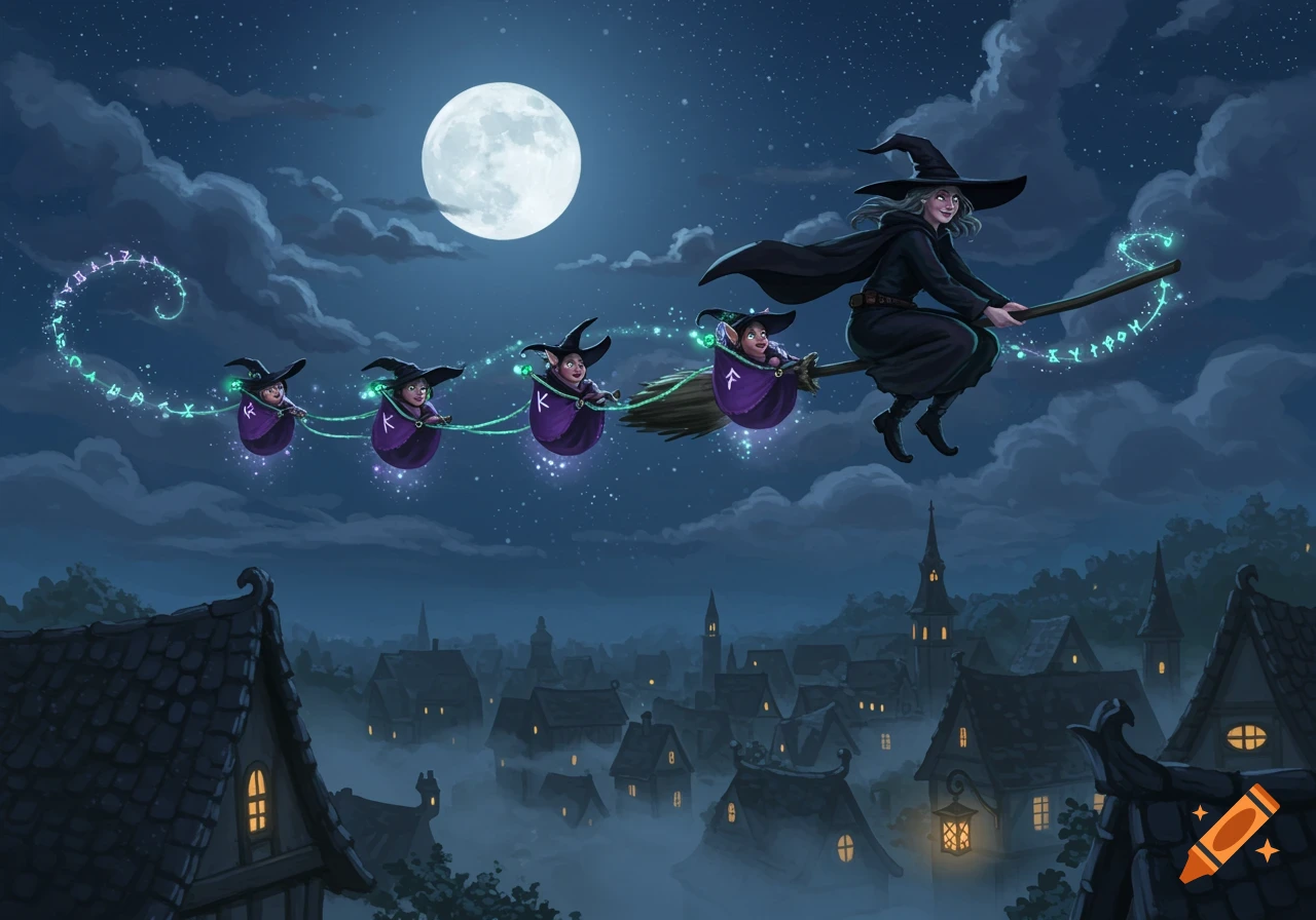A witch flies on a broom, leading baby witches in glowing carriers over a misty, moonlit fantasy town at night.