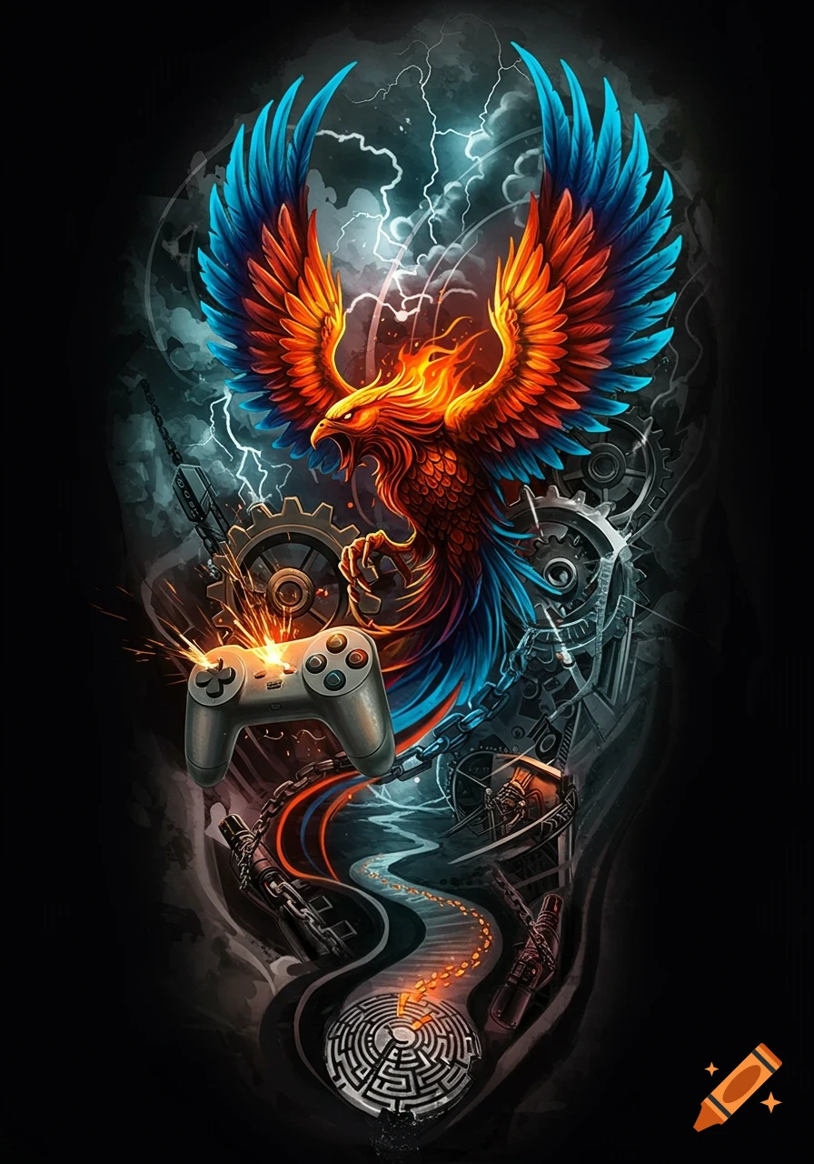 Vibrant tattoo art illustration of a fiery phoenix with blue wings, a sparking game controller, gears, chains, and a labyrinth.