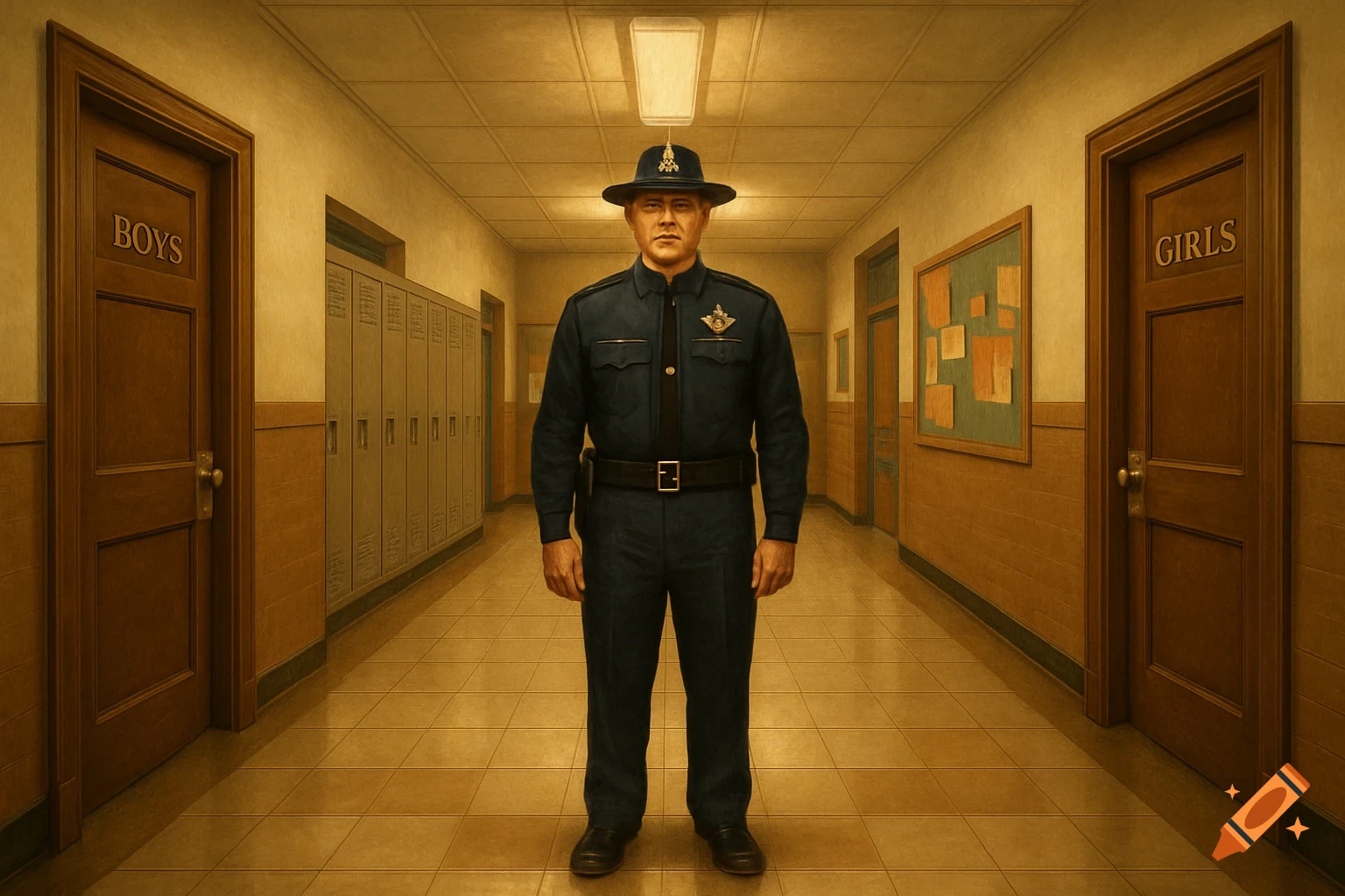 A uniformed sheriff stands in a school hallway between doors labeled 'BOYS' and 'GIRLS', in a photorealistic style.