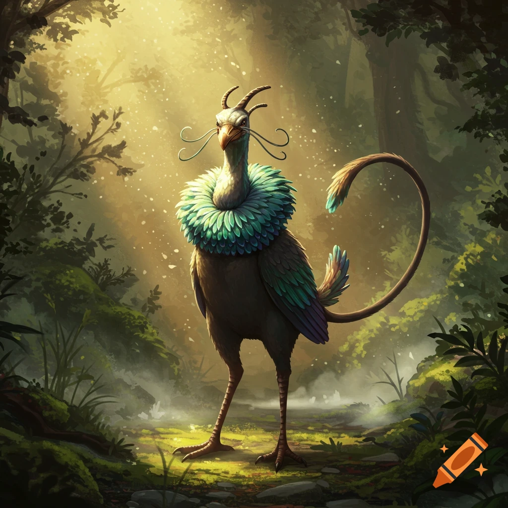 A whimsical bird creature with a green feather collar, rat tail-like whiskers, and a long tail, standing in a sunlit forest.