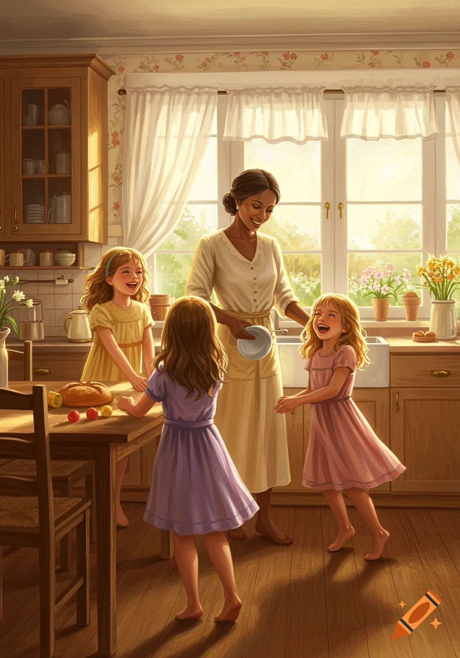 A mother holding a plate and three young daughters playing in a sunlit, cozy kitchen, in a warm painterly style.