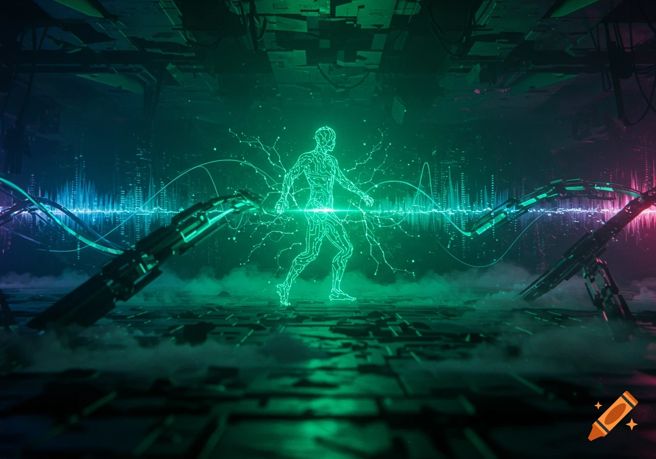 A glowing, circuit-like human figure walks through a neon-lit, futuristic, cyberpunk environment with electronic waveforms.