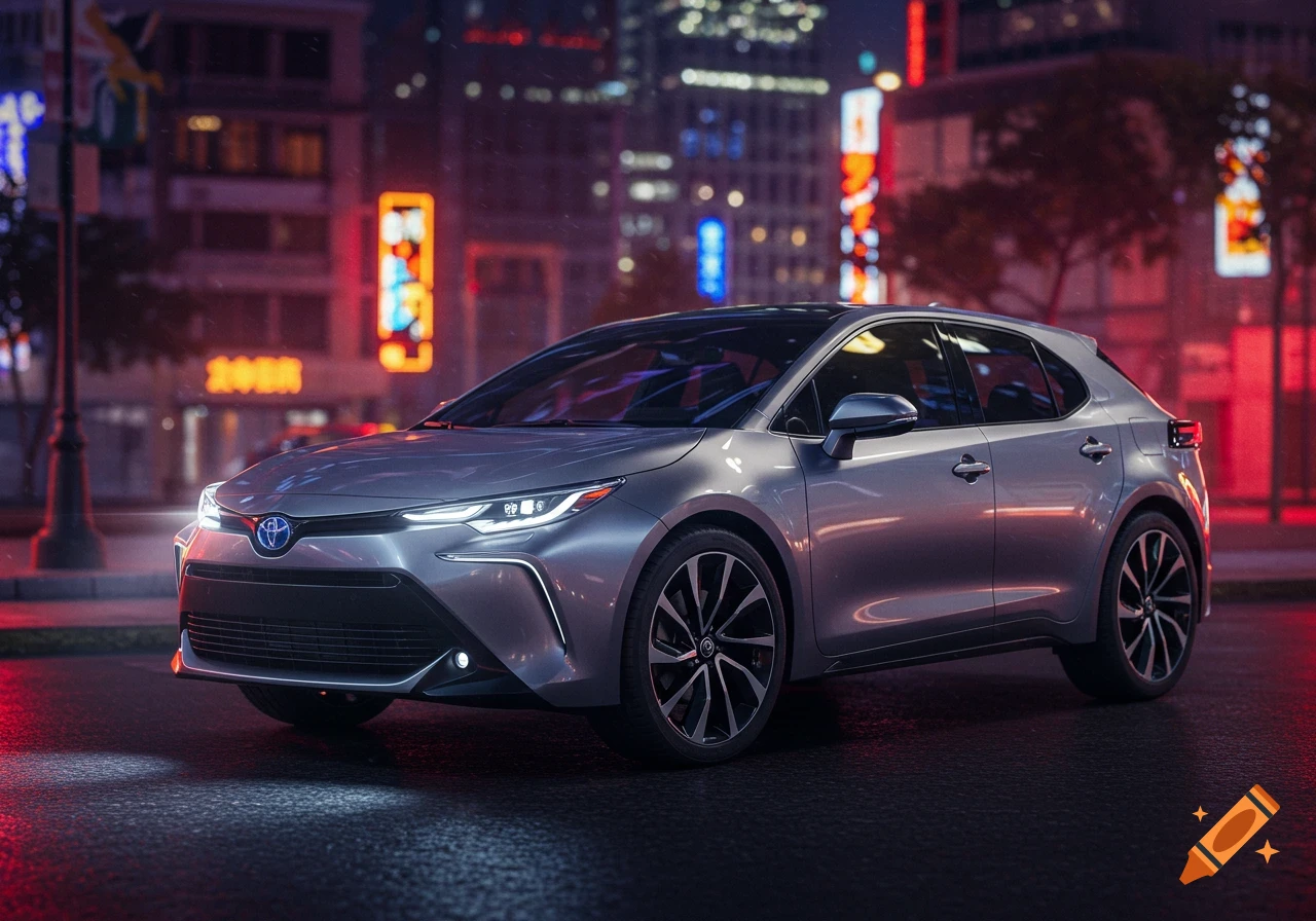 A sleek silver car with headlights on, parked on a wet street in a vibrant, neon-lit city at night.