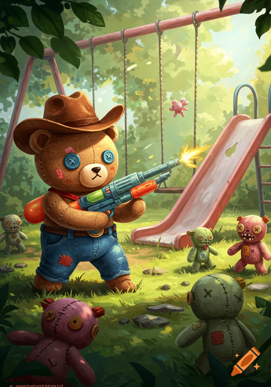 A cowboy teddy bear in a hat and jeans shoots a water gun at zombie teddy bears in a sunny playground, stylized digital art.