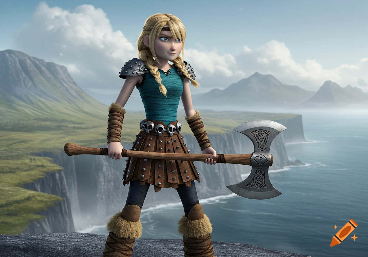 Astrid, a blonde animated character, stands on a cliff holding a double-bladed axe, with a sea and mountains background.