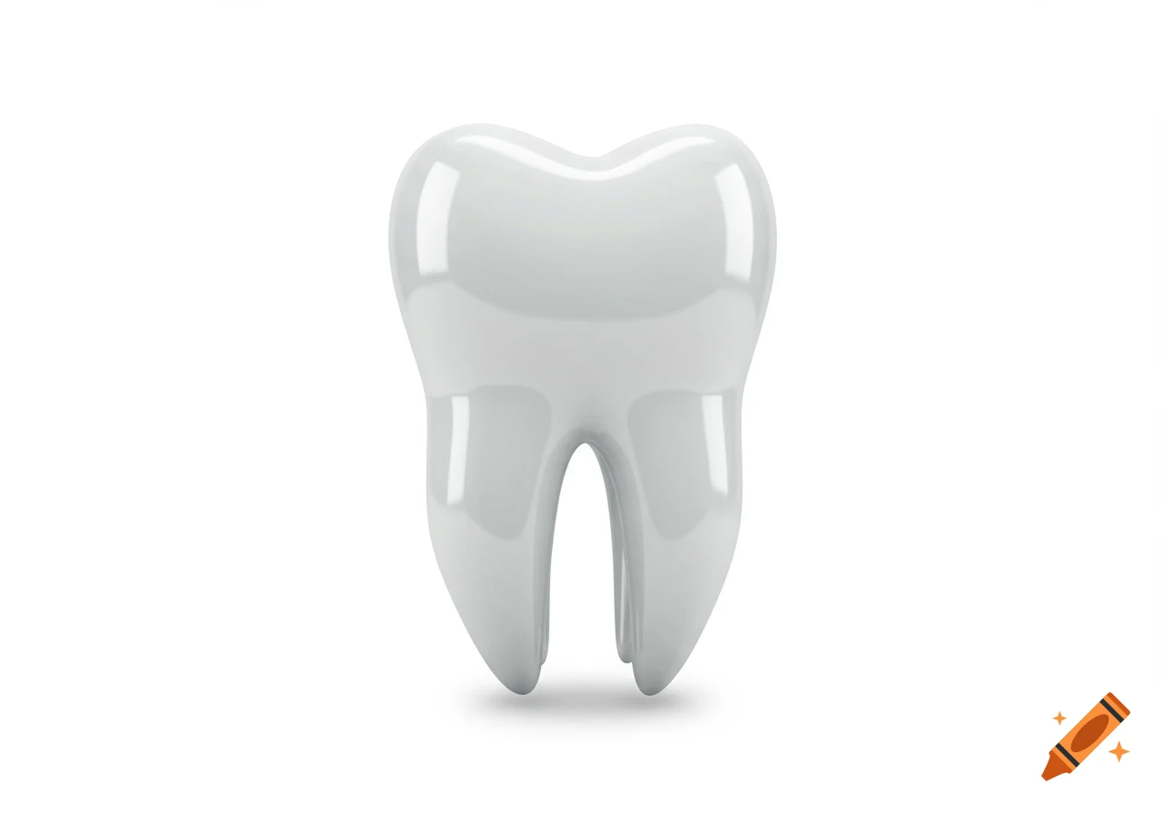 A shiny white tooth, rendered in 3D, standing upright on a pure white background.