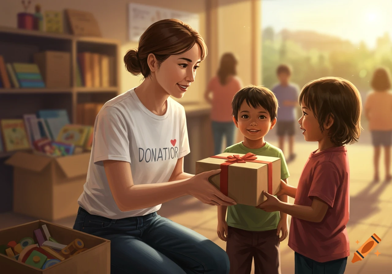 A woman in a 'DONATION' shirt hands a gift box to two smiling children in a community setting.