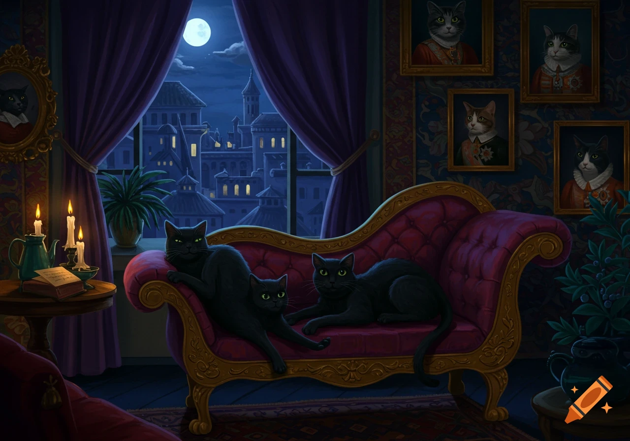 Three black cats lounge on a purple velvet chaise in a dimly lit, opulent room, gazing at a moonlit city outside a large window. Portraits of cats adorn the wall.