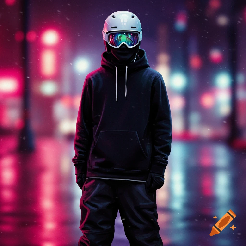 A person in a black hoodie, white ski helmet with reflective goggles, and black ski pants stands in a blurry neon city.