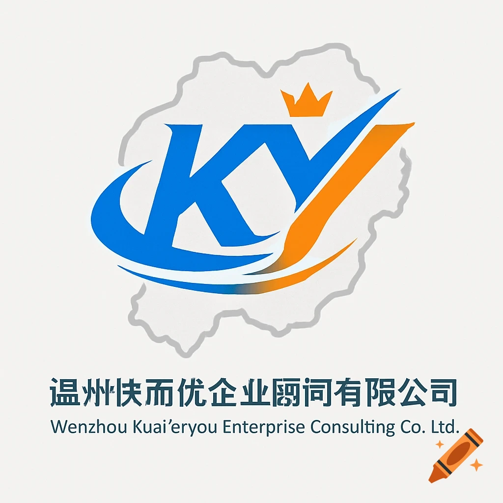 A modern logo featuring large, stylized blue 'K' and orange 'Y' initials, with dynamic swooshes and a small orange crown, set against a light gray abstract map shape. Below are Chinese and English company names.