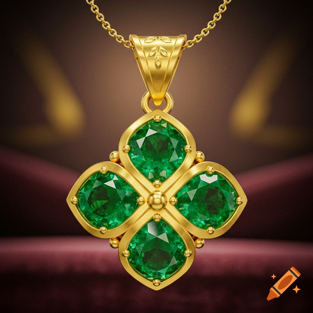A detailed gold pendant featuring four green emeralds arranged in a clover shape, on a gold chain against a dark background.