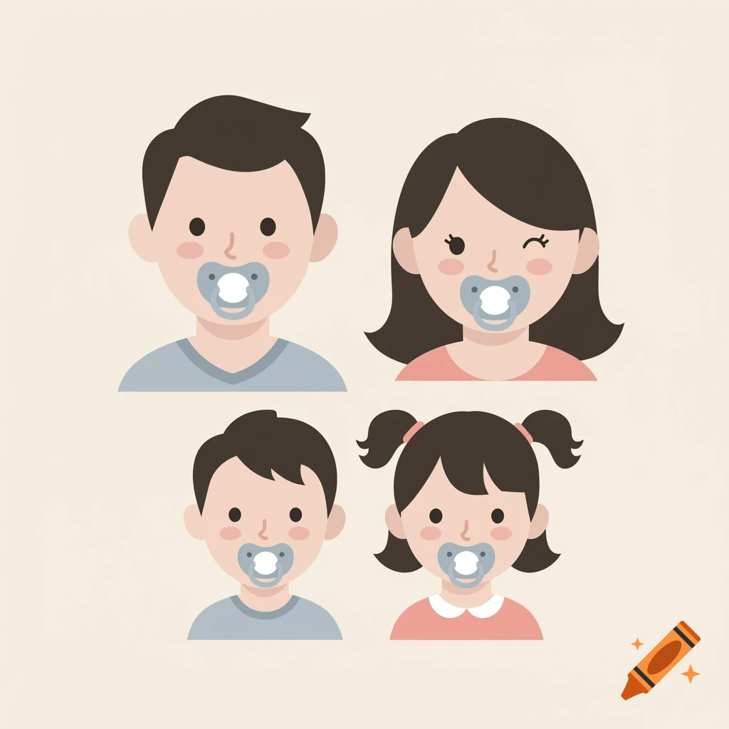 Illustration of a father, mother, son, and daughter, all with pacifiers in their mouths.