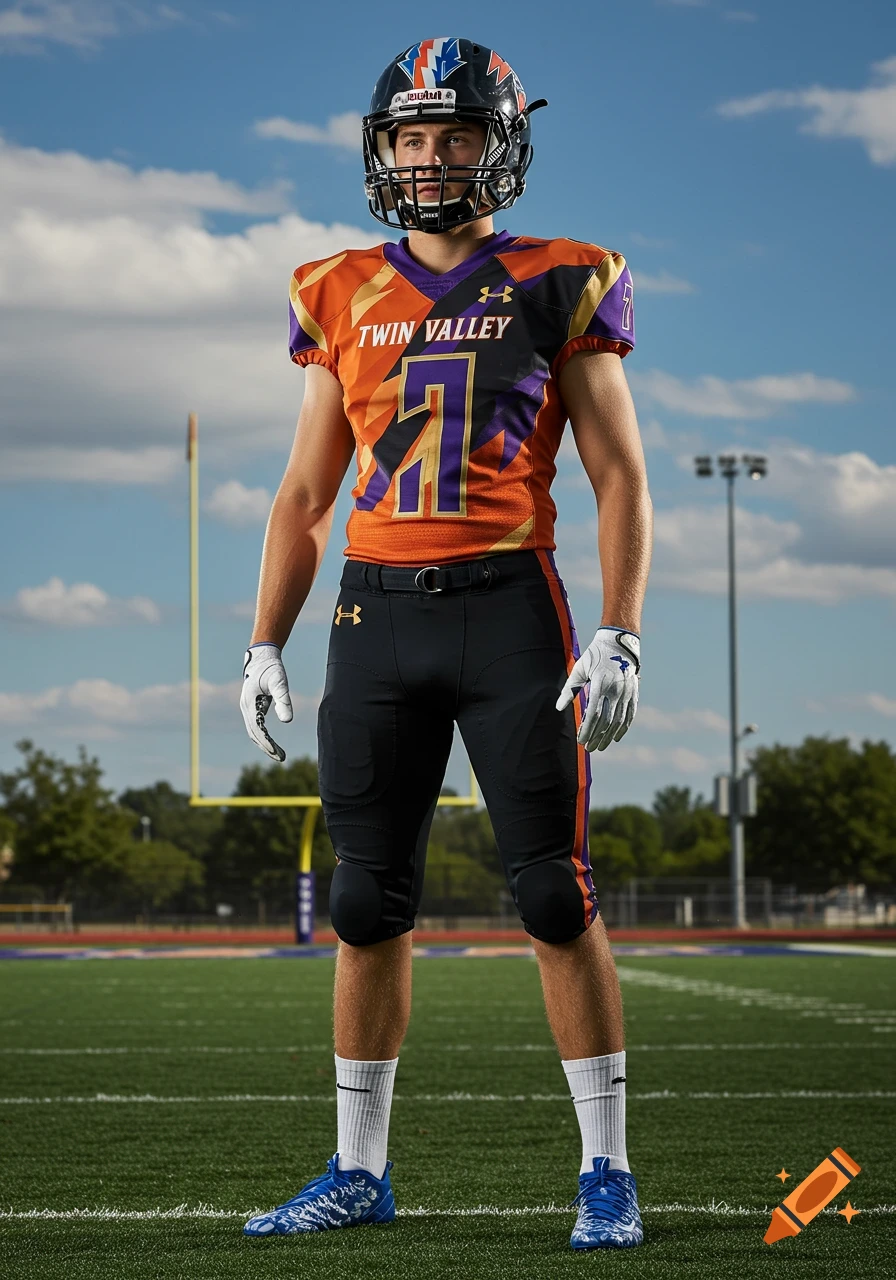 A young male football player in an orange, purple, and black uniform with a lightning bolt helmet stands on a football field.