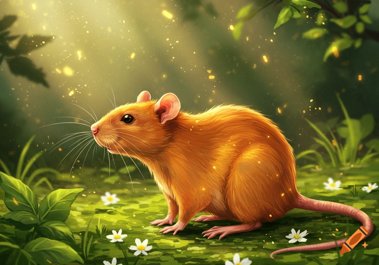 An orange rat sits sideways on a grassy forest floor with white flowers, bathed in golden, sparkling light in an illustrative style.