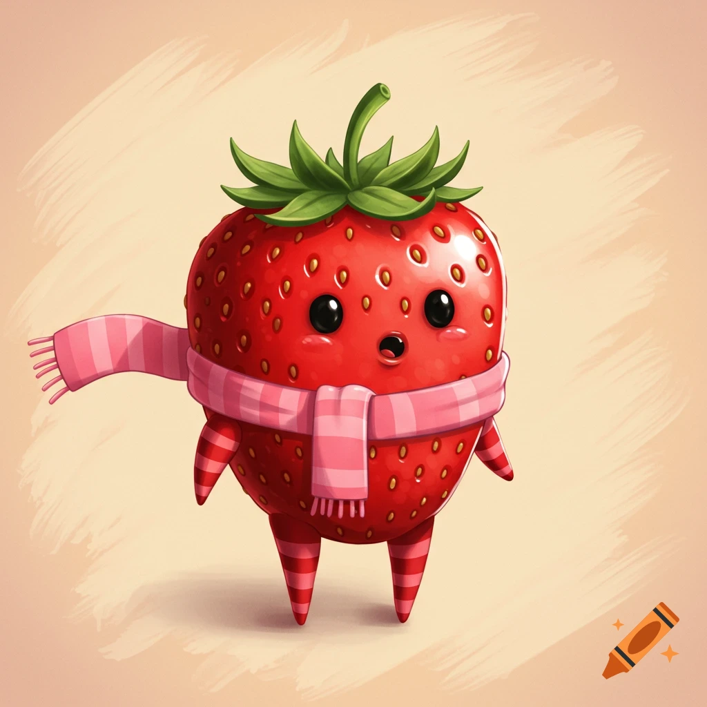A cute, surprised cartoon strawberry with big black eyes, an open mouth, and a pink striped scarf and legs, standing on a light background.