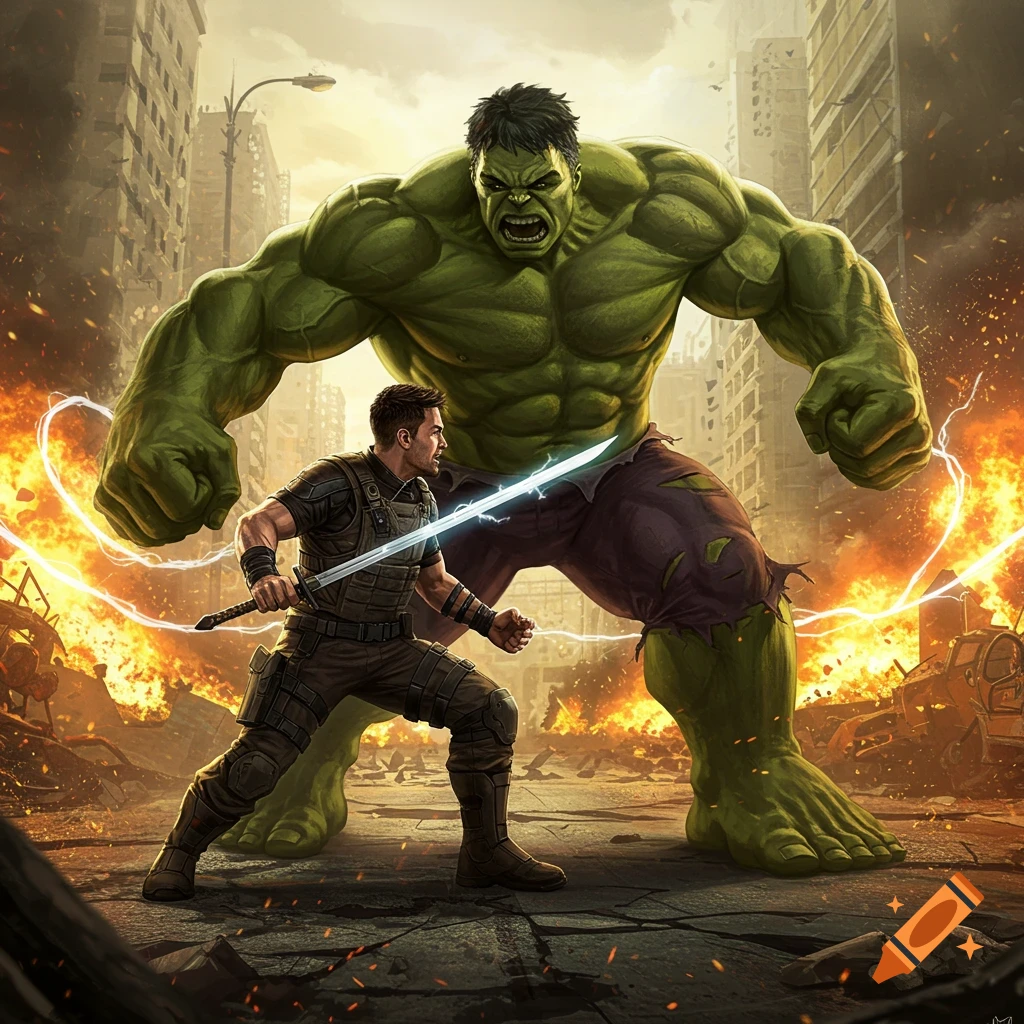 A massive green monster and a man with a glowing sword face off in a fiery, ruined city. Comic book style.