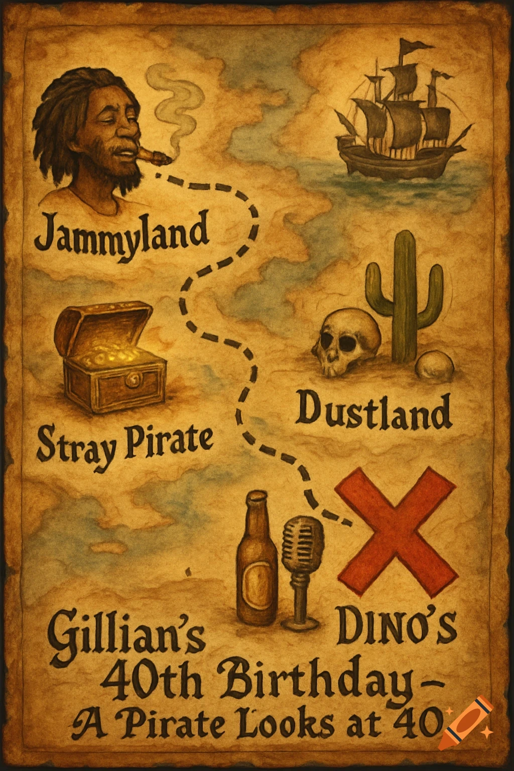 Vintage pirate map with a dotted path, featuring a smoking man, treasure chest, skull, cactus, beer, microphone, and birthday text.