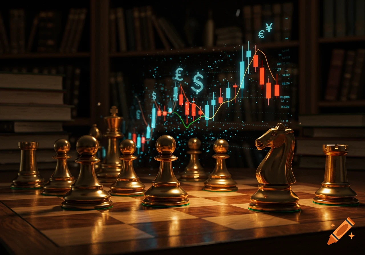A chessboard with golden pieces, glowing financial candlestick charts, and currency symbols floating above.