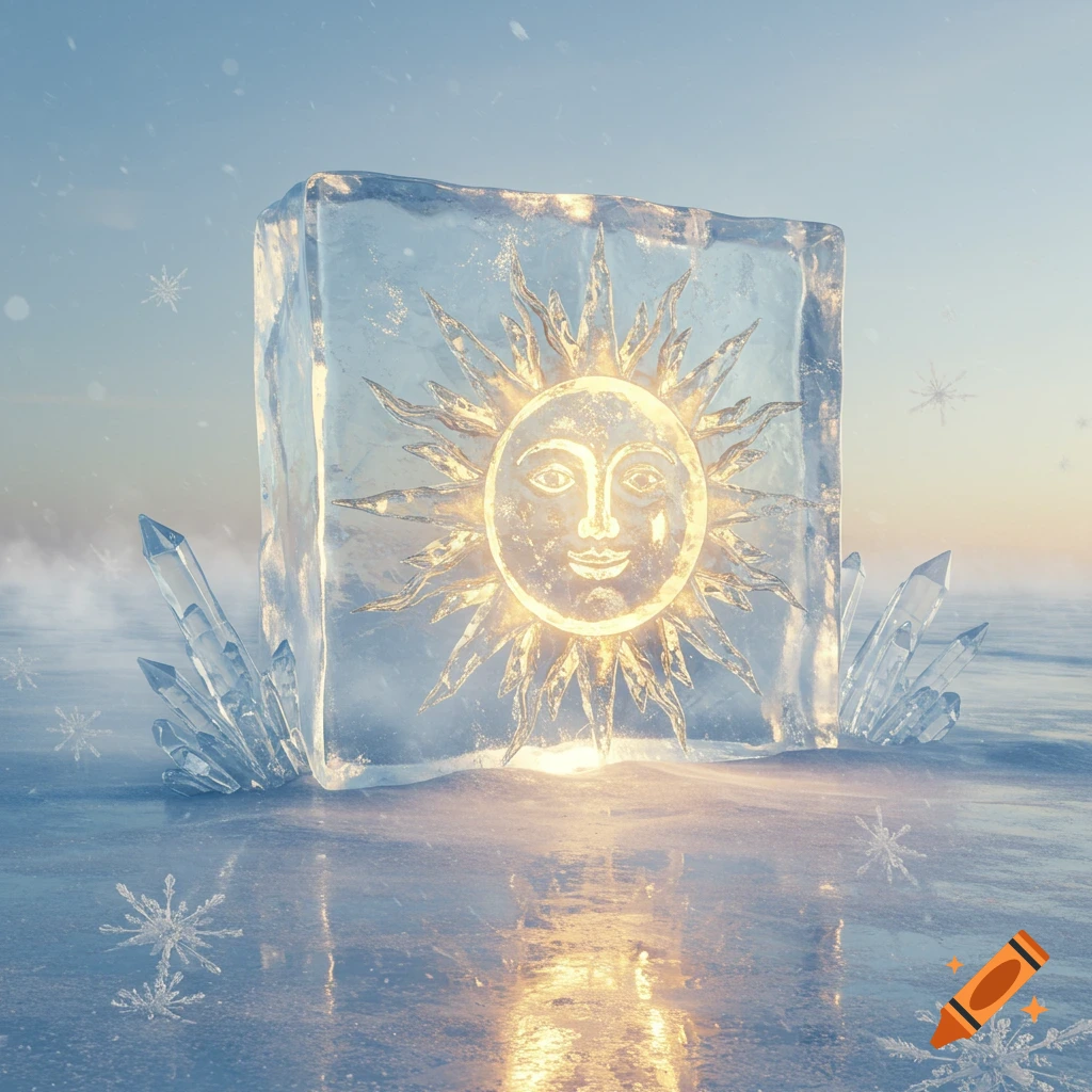 A glowing sun carved in a block of ice, surrounded by crystals and snowflakes in a winter landscape.