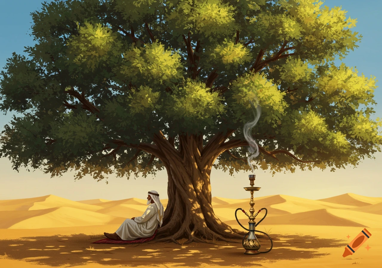 An illustration of a man in traditional attire sitting under a large tree in the desert next to a hookah.