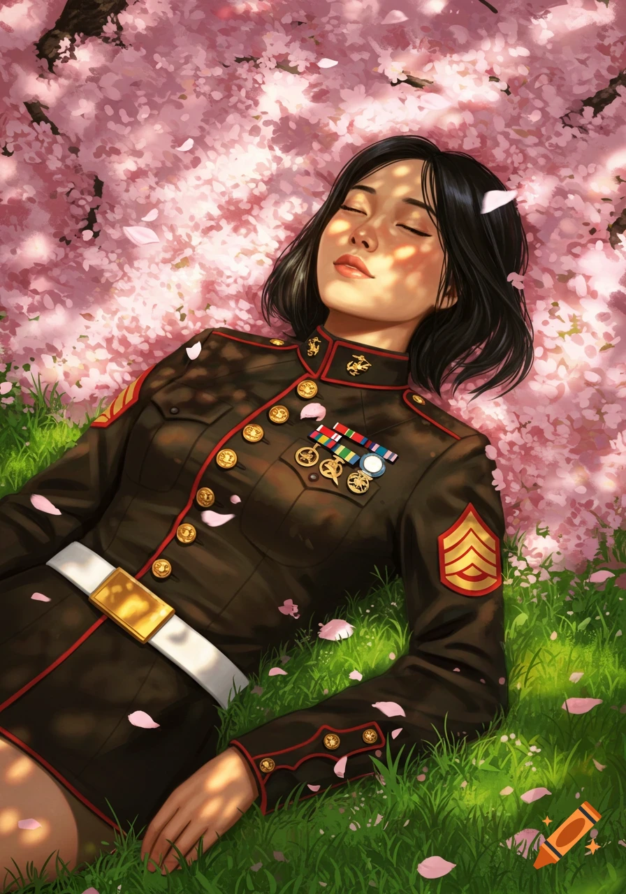 Illustrated Asian woman in a Marine Corps uniform sleeping in a cherry blossom field.