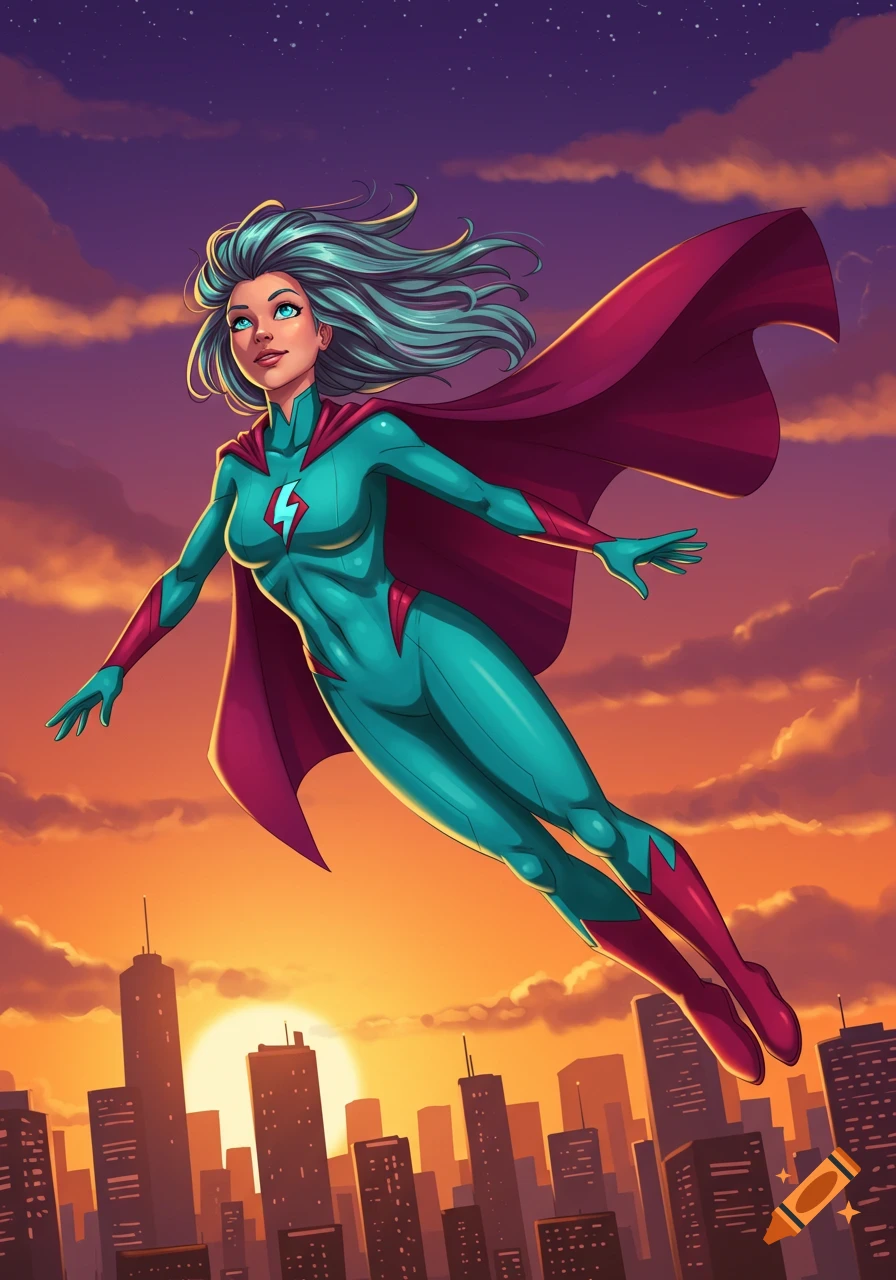 A cartoon superhero woman with blue hair and a teal suit with a red cape flies above a city at sunset.