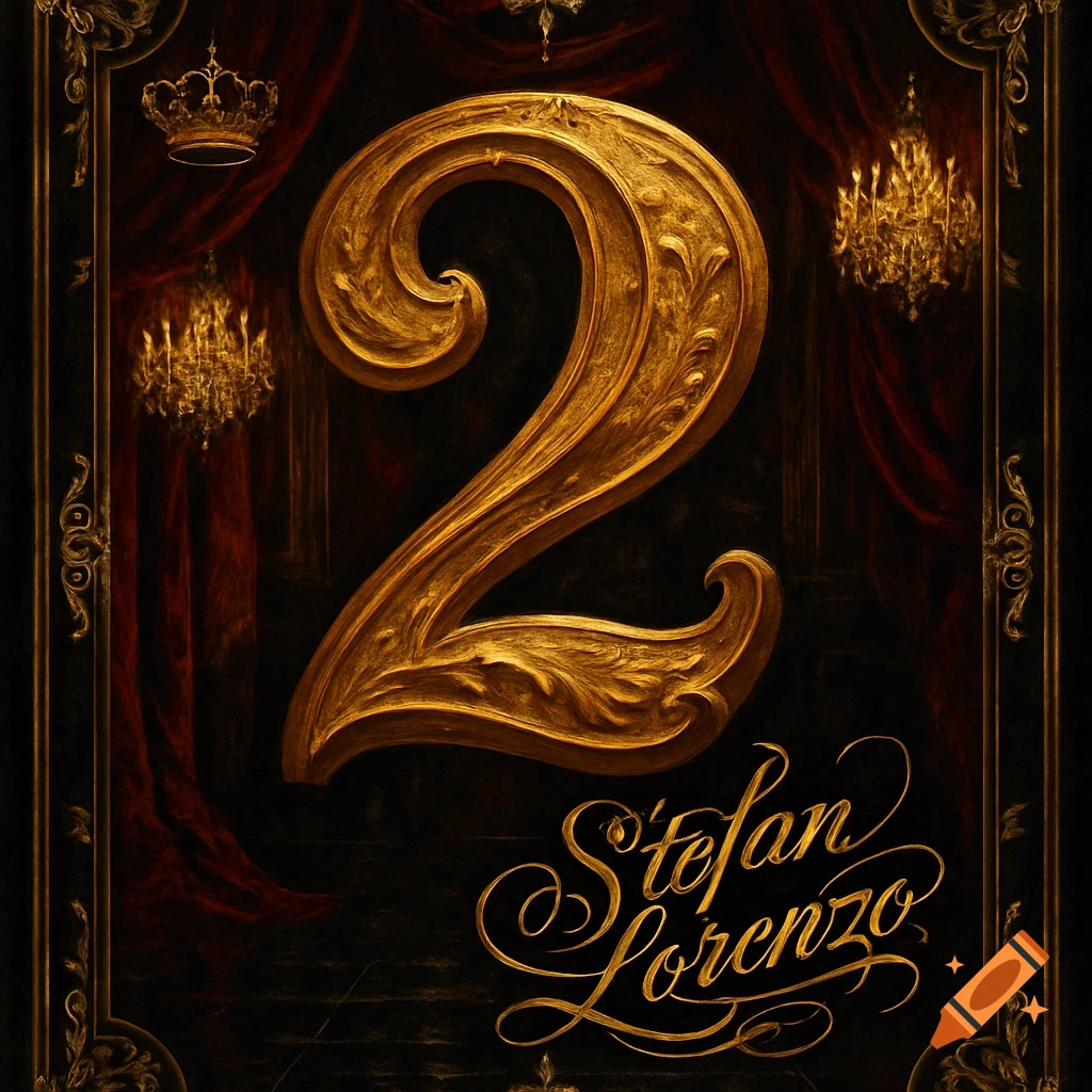 Ornate gold number 2 with 'Stefan Lorenzo' in script, set against a dark, baroque background with red velvet, chandeliers, and a crown.