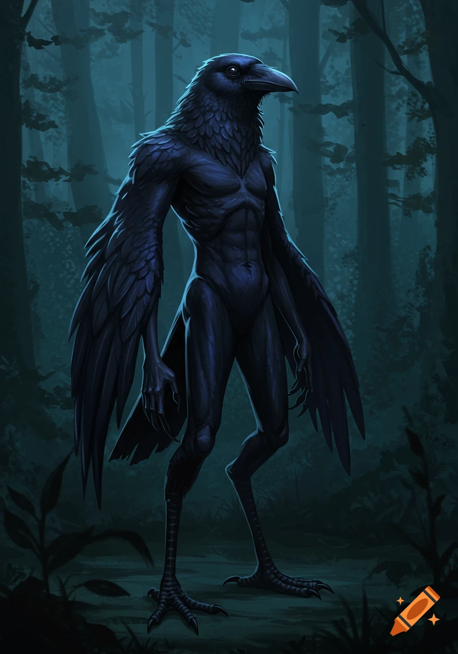 A humanoid crow creature with black feathers stands in a dark forest, looking forward in a detailed, fantasy art style.