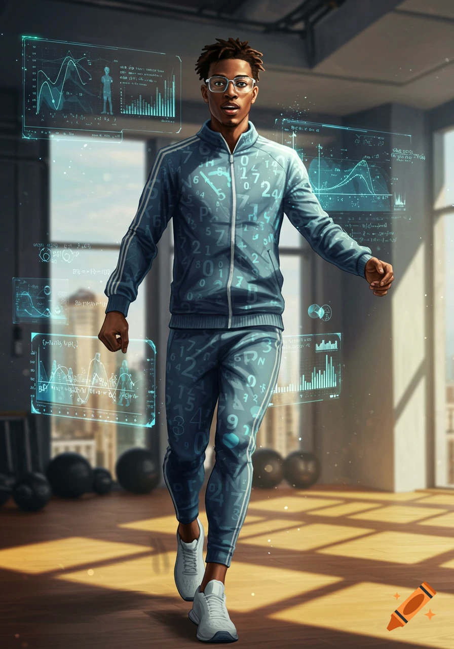 A sporty Black man in a blue tracksuit covered in numbers and symbols, walking in a gym surrounded by holographic data screens.