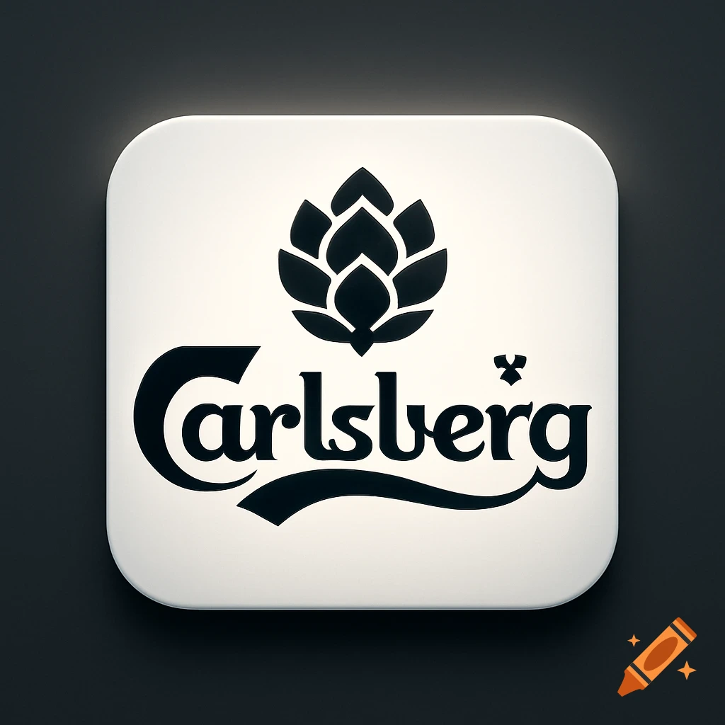 A square white icon with rounded corners featuring the black Carlsberg logo, including the word 'Carlsberg' and a hop cone, with a soft glow on a dark background.
