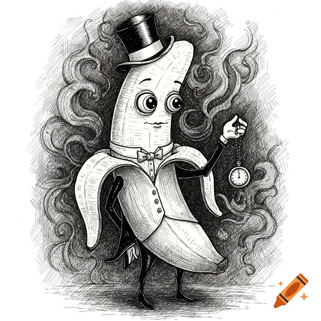A black and white sketch of a whimsical anthropomorphic banana wearing a tuxedo and top hat, holding a pocket watch in a smoky background.