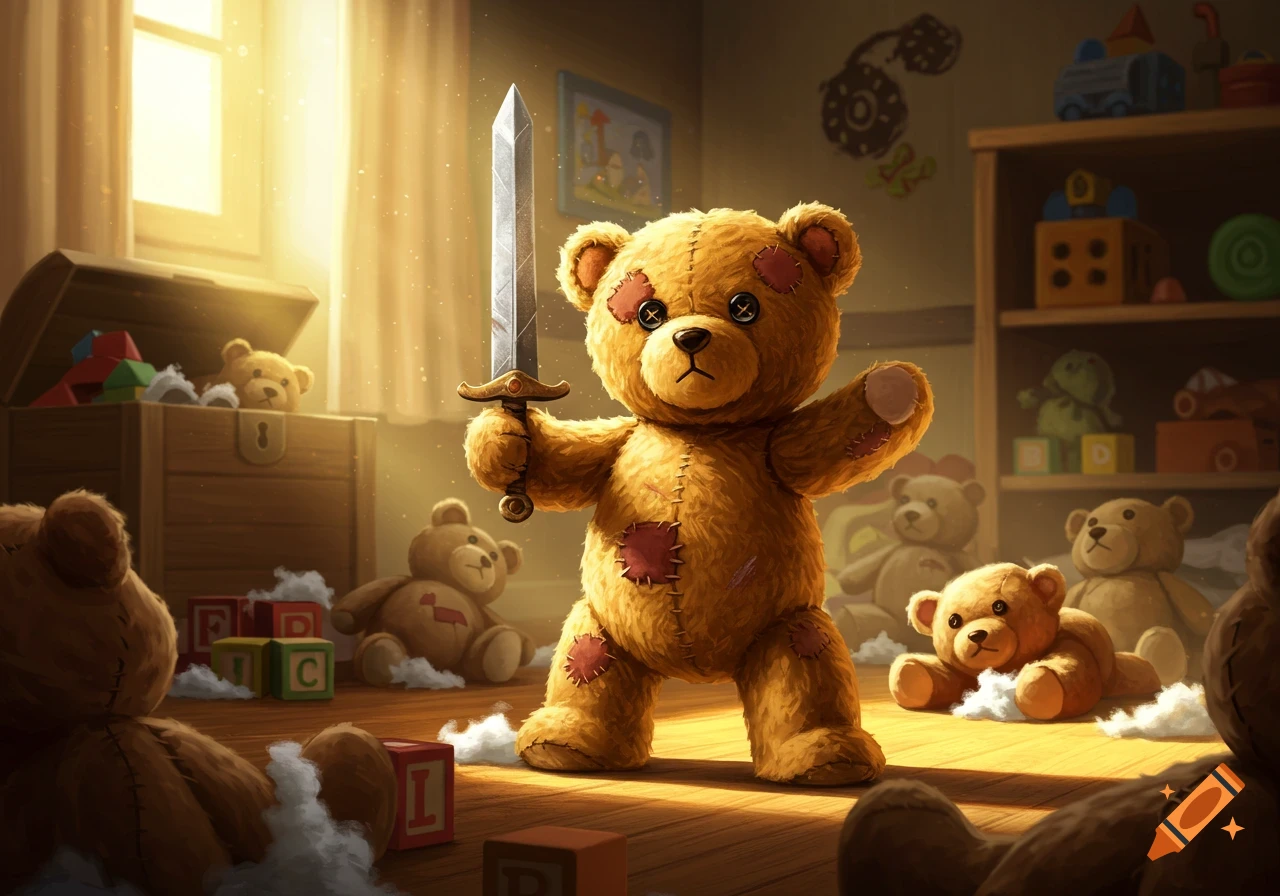 A determined teddy bear hero with button eyes holds a sword, standing amidst stuffing and other teddy bears in a sunny child's room.
