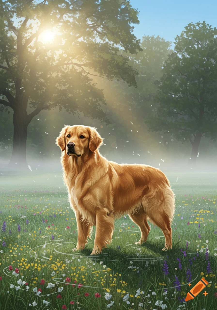 A golden retriever stands attentively in a sunlit field with wildflowers and trees in the background.