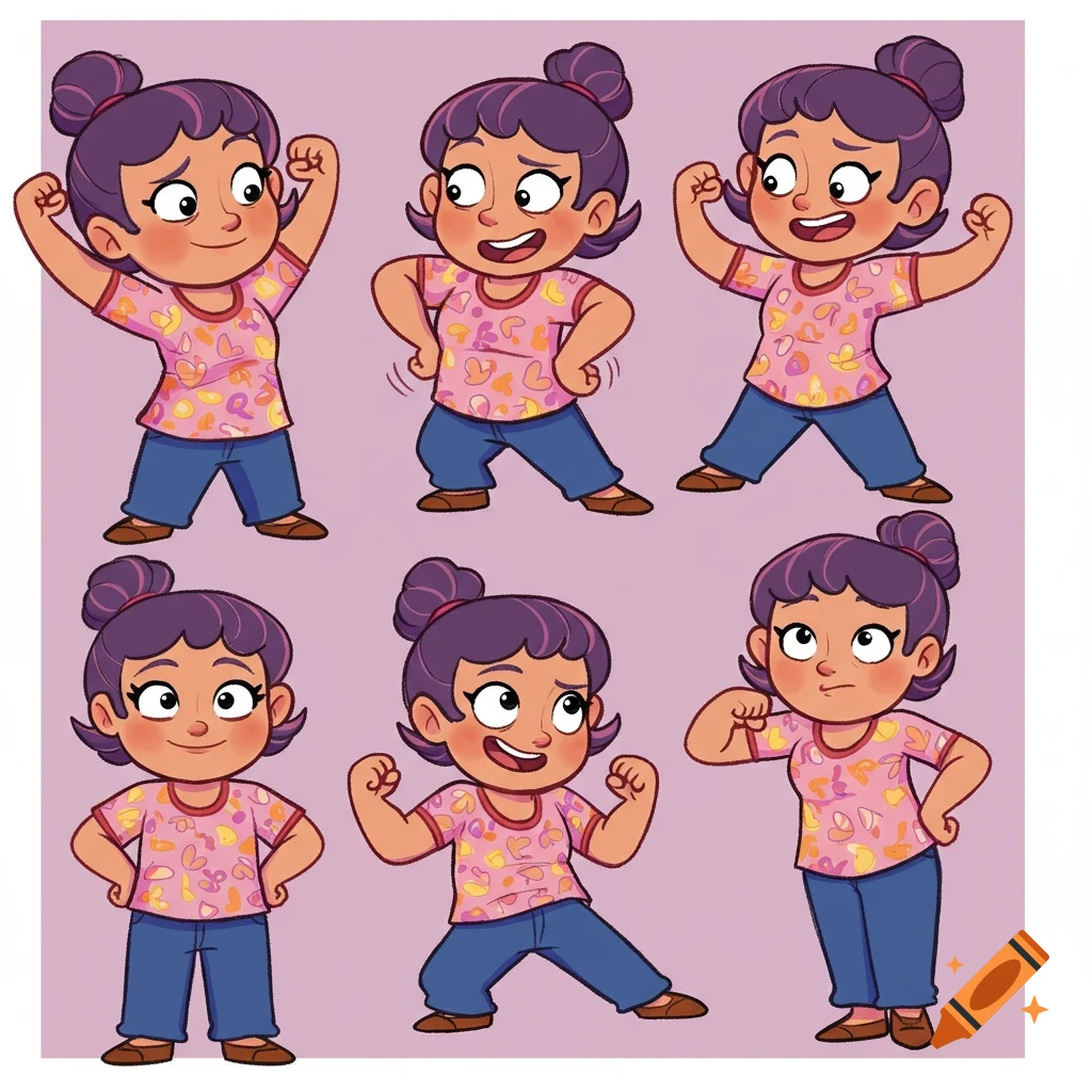 Cartoon model sheet of Rosie's mom with purple hair in a bun, flexing muscles in six different poses on a light purple background.