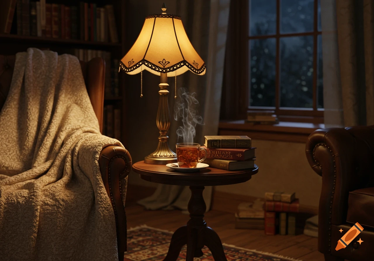 A cozy, warm-lit reading corner at night with a steaming cup of tea, books on a side table, and a blanket-draped armchair.