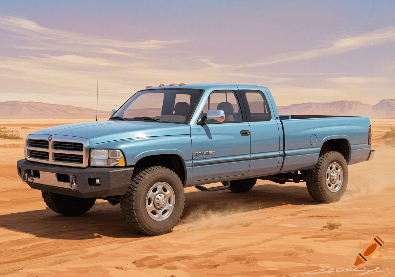 A light blue pickup truck drives on a sandy desert road under a clear sky, in a concept art style.
