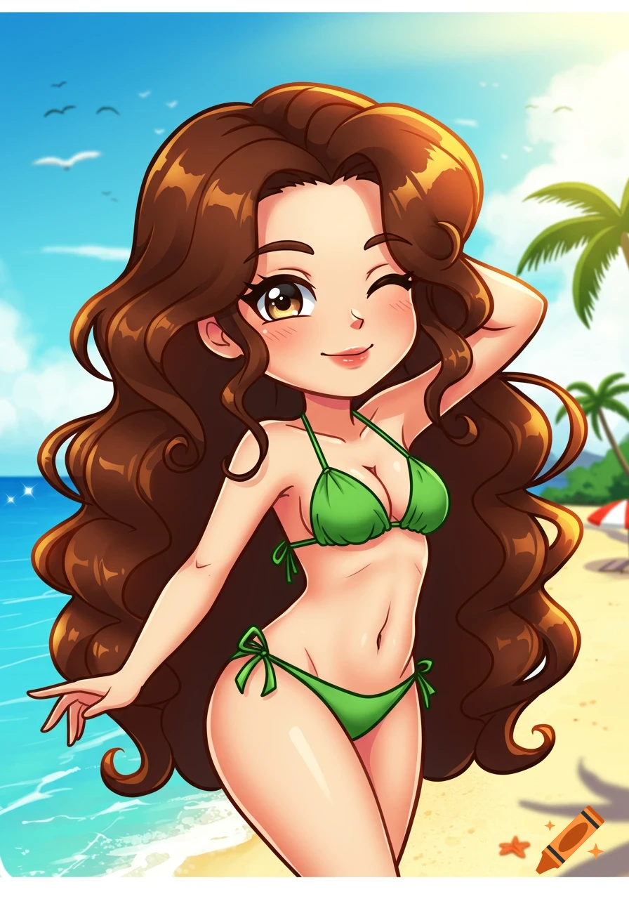A cute cartoon woman with long brown hair winks while posing in a green bikini on a sunny beach.