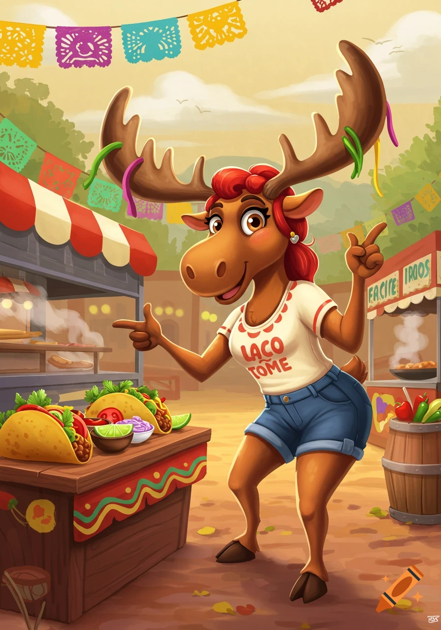 A cartoon lady moose with red hair and antlers decorated with streamers, wearing a t-shirt and shorts, standing proudly at a taco stand under colorful papel picado banners.