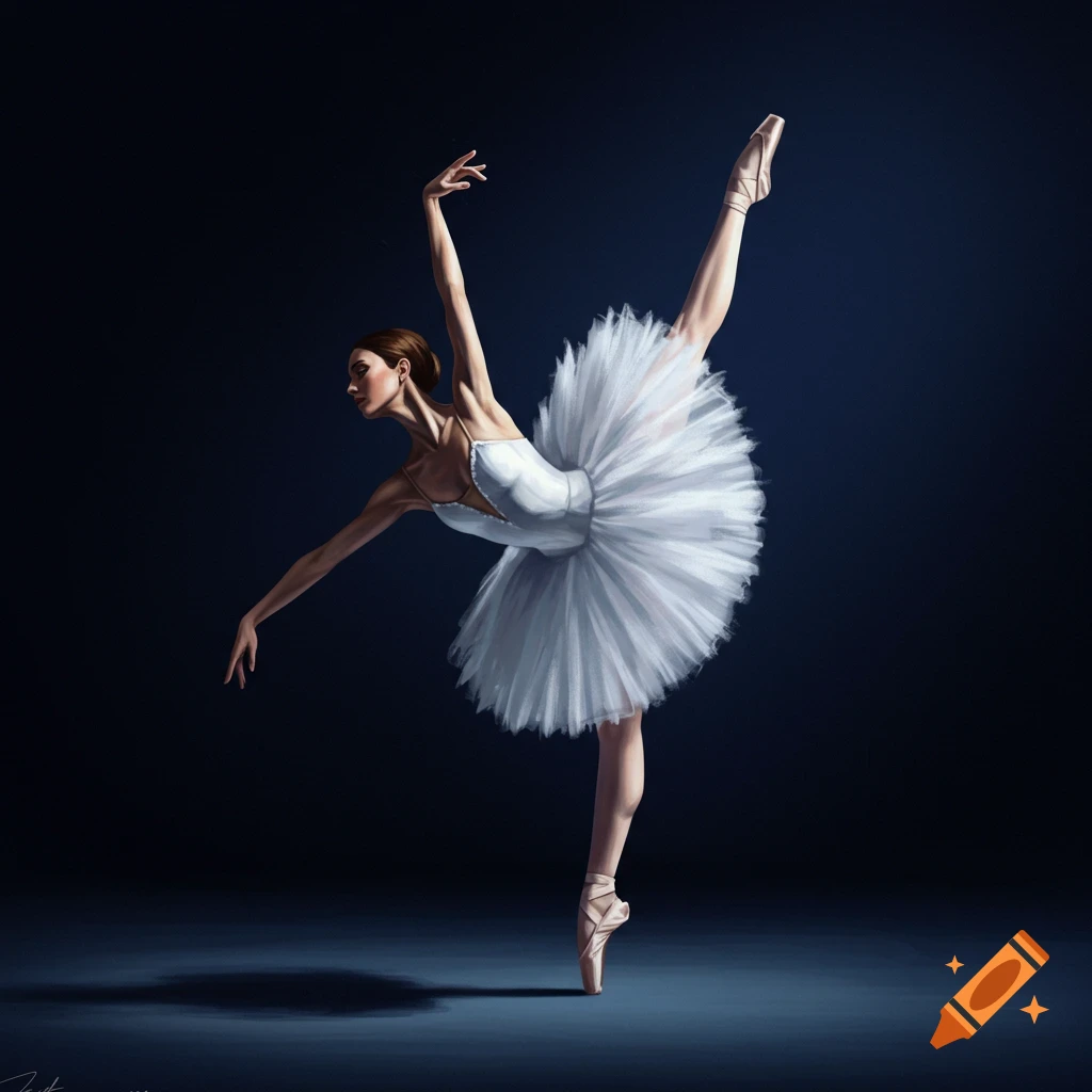 A beautiful ballerina in a white tutu dancing en pointe in a stunning artistic pose against a dark background.