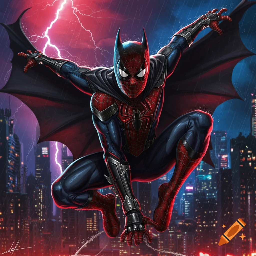A Spider-Man and Batman hybrid hero with a black cape crouches in a rainy city night under red lightning, comic art style.