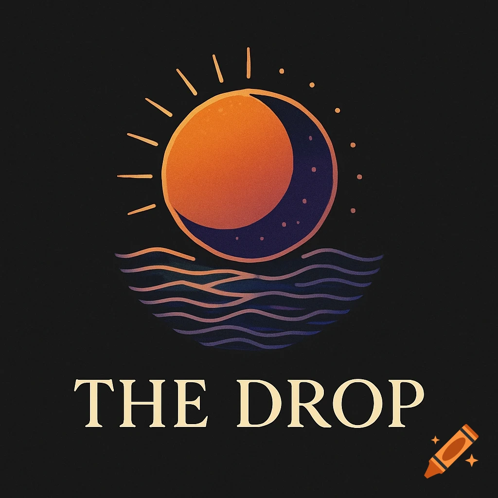 Stylized logo featuring an orange sun with a crescent moon, rising over dark blue ocean waves, with 'THE DROP' text below.