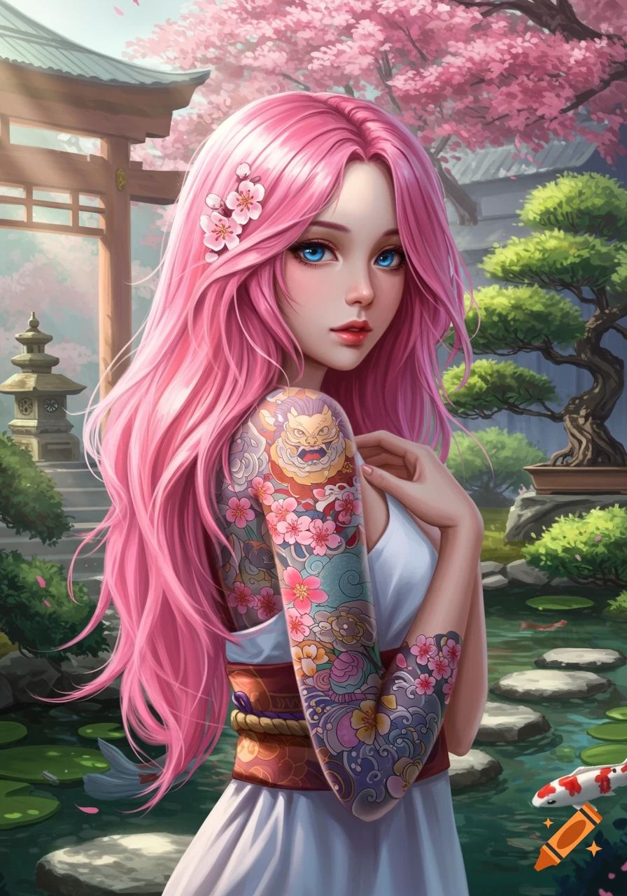 An anime girl with long pink hair, blue eyes, and colorful sleeve tattoos in a Japanese garden with cherry blossoms and koi fish.