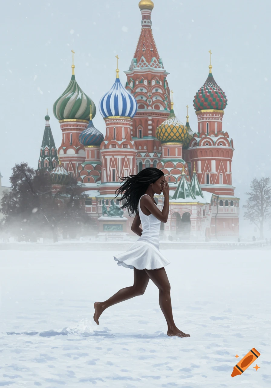 Mixed-race woman in a white dress runs barefoot through snow past St. Basil's Cathedral, hand on face, crying in a foggy winter.
