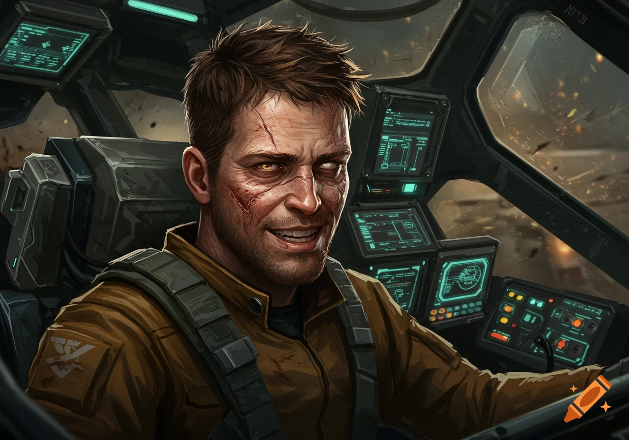 A grinning mech pilot with a scarred face, one blind eye, and an amber eye, in a futuristic cockpit surrounded by glowing screens during a battle.