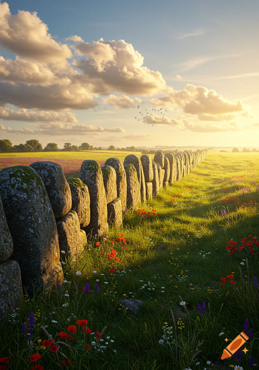 A long mossy stone wall stretches through a vibrant green field with wildflowers under a cloudy, golden sunset.