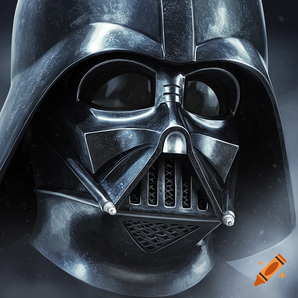 Close-up, highly detailed electron microscope style rendering of Darth Vader's metallic helmet.