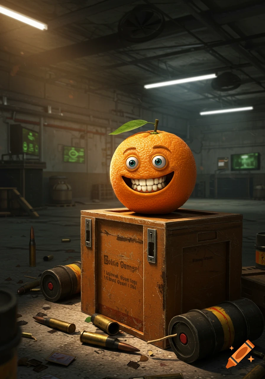 A smiling cartoon orange with a leaf on its head sits on a wooden crate surrounded by ammunition in a gritty military warehouse.