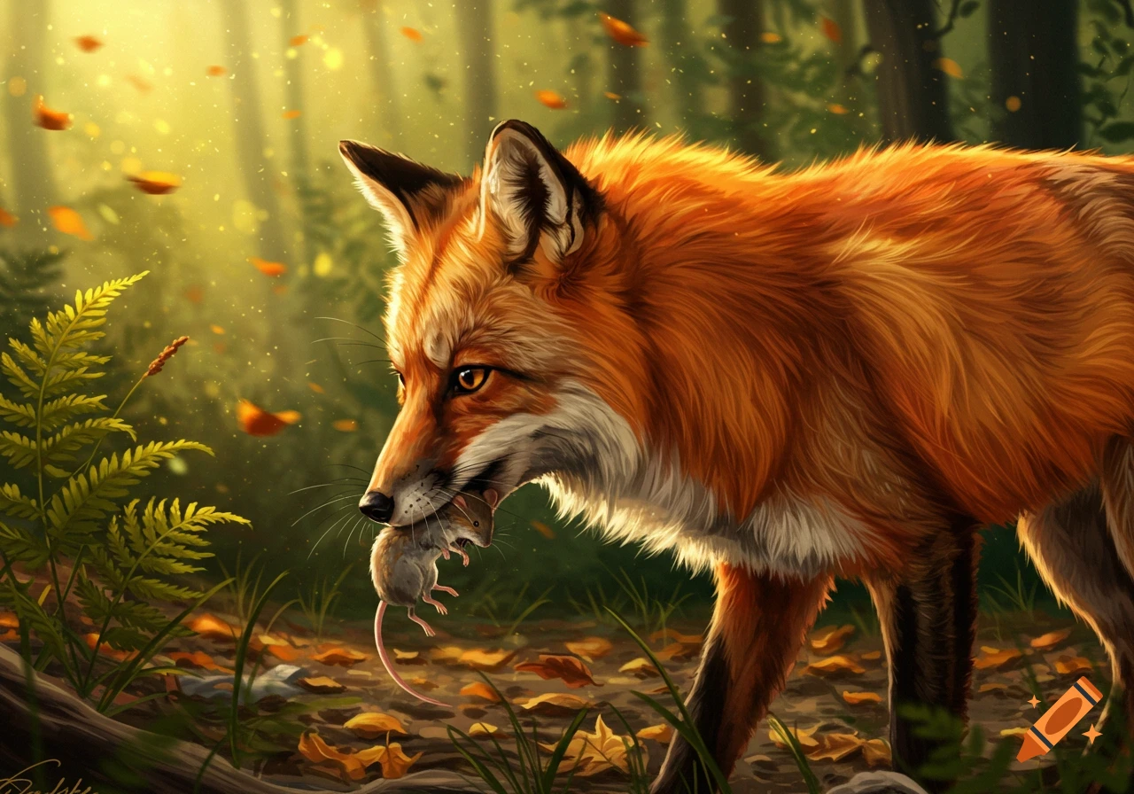 A red fox with a mouse in its mouth walks through a sunlit forest, surrounded by autumn leaves. Realistic illustration.